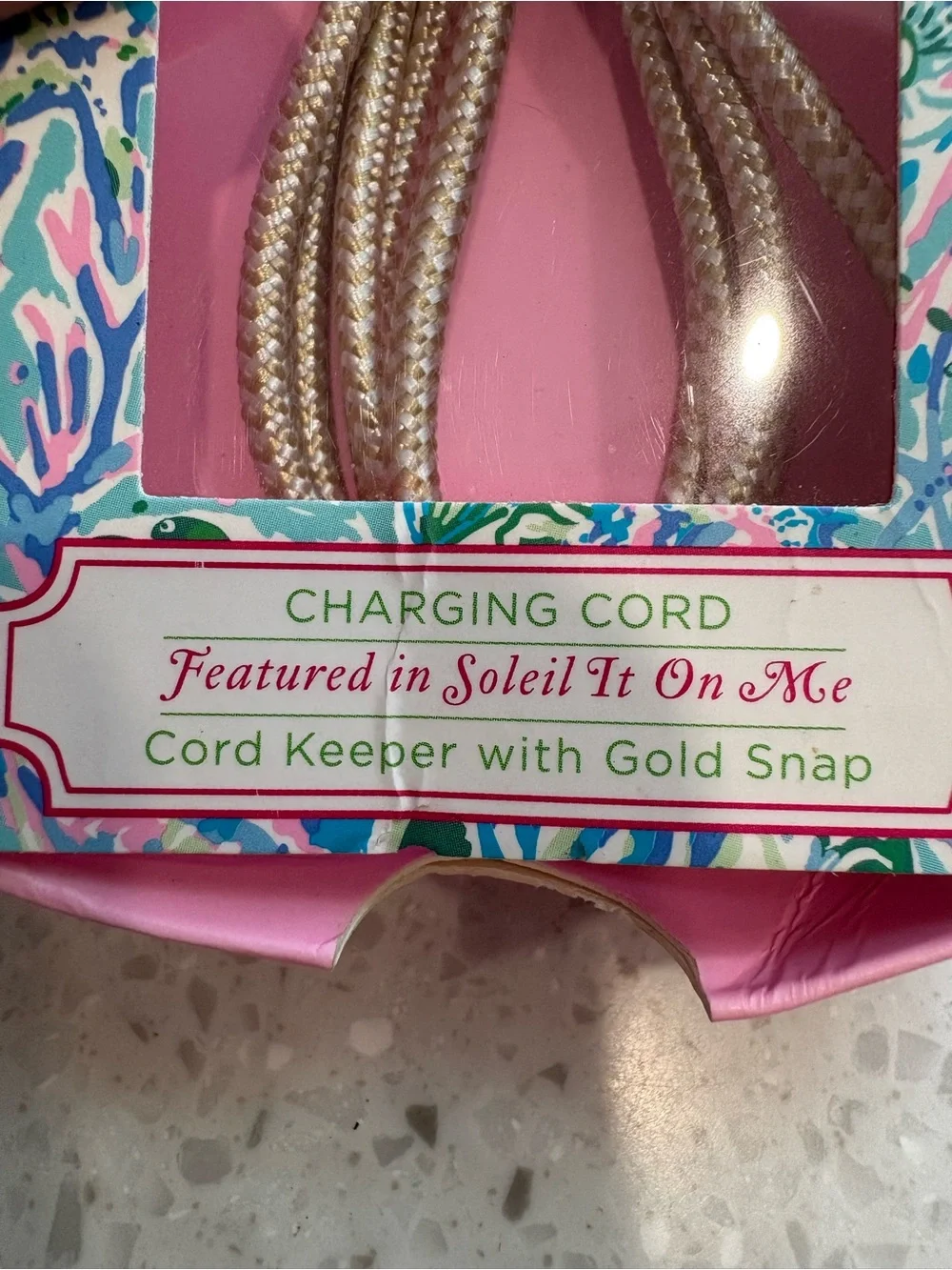 NIB Lilly Pulitzer Gold Braided Charging Cord with Pink & Blue Cord Keeper